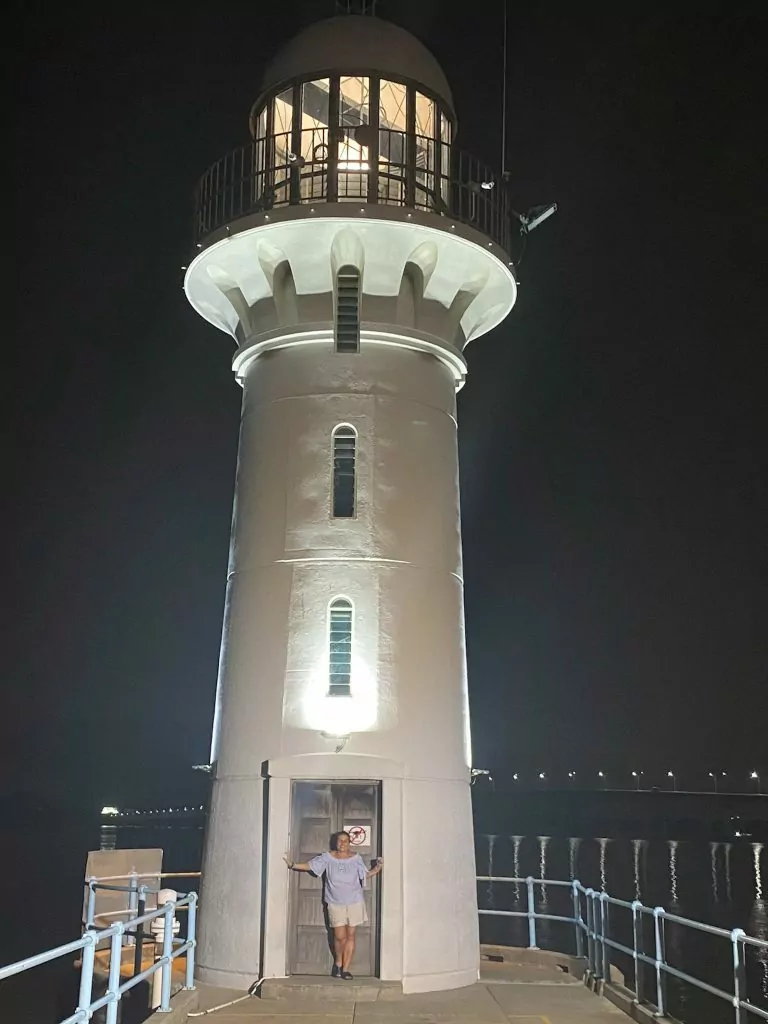 Raffles Marina LIghthouse at night